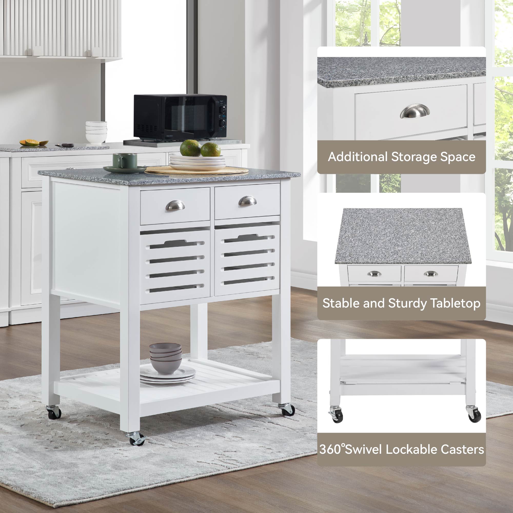 Mobile Rolling Kitchen Island Trolley Serving Cart With Underneath Drawer & Slide-Out Wire Storage Basket_voghion.com